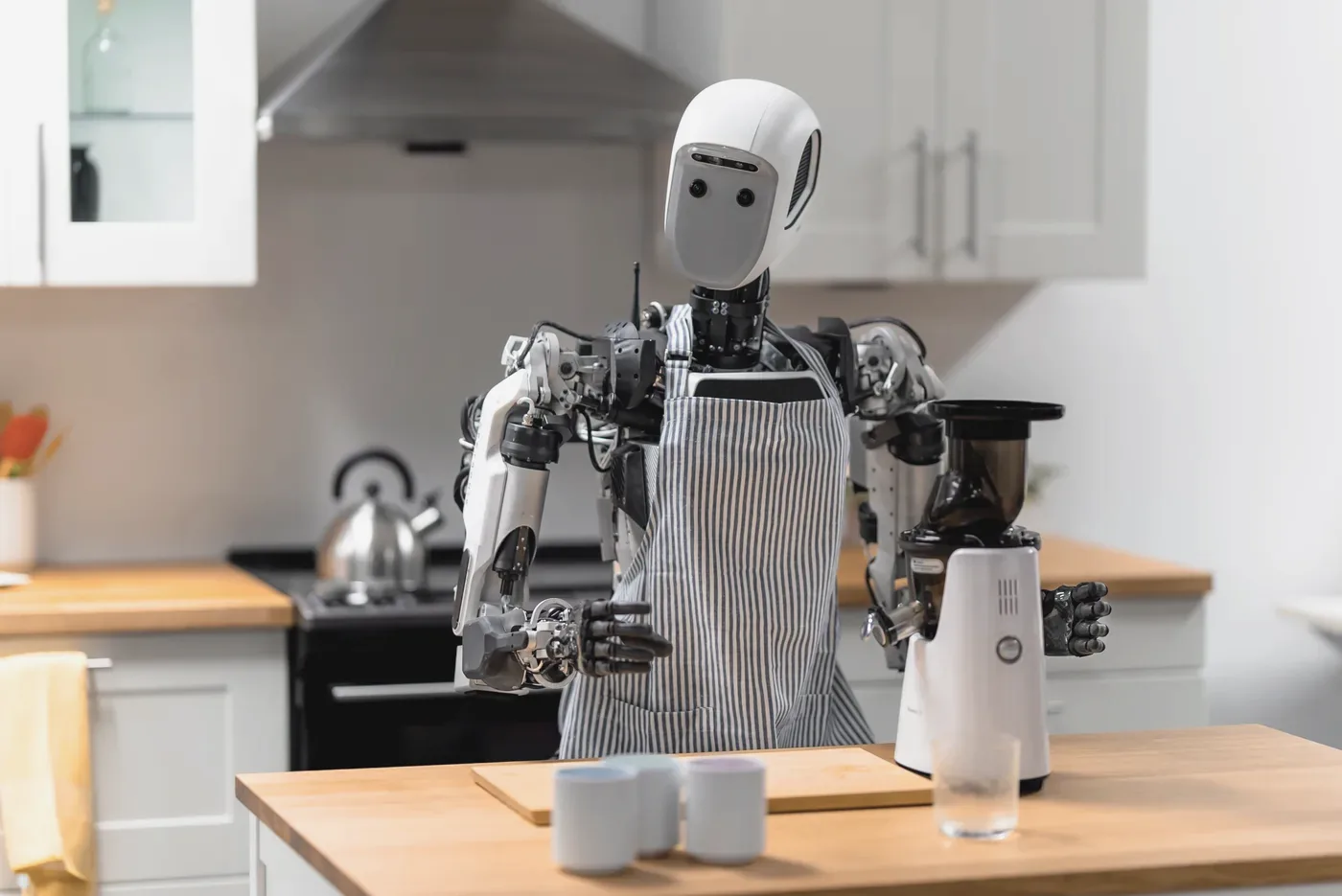 Humanoid robot working at a kitchen counter