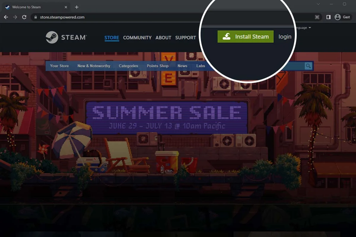 The Steam store page with the Install Steam button highlighted in the top-right corner